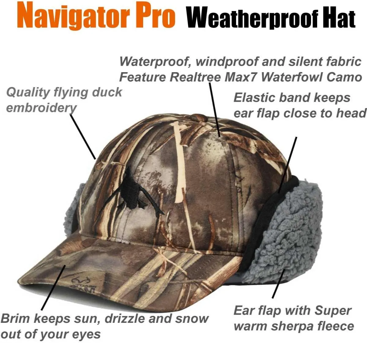 EDTREK Windproof and Waterproof Winter Hat with Sherpa Lined Ear Flap - Ultra Performance Blaze Orange and Camo Hunting Hat