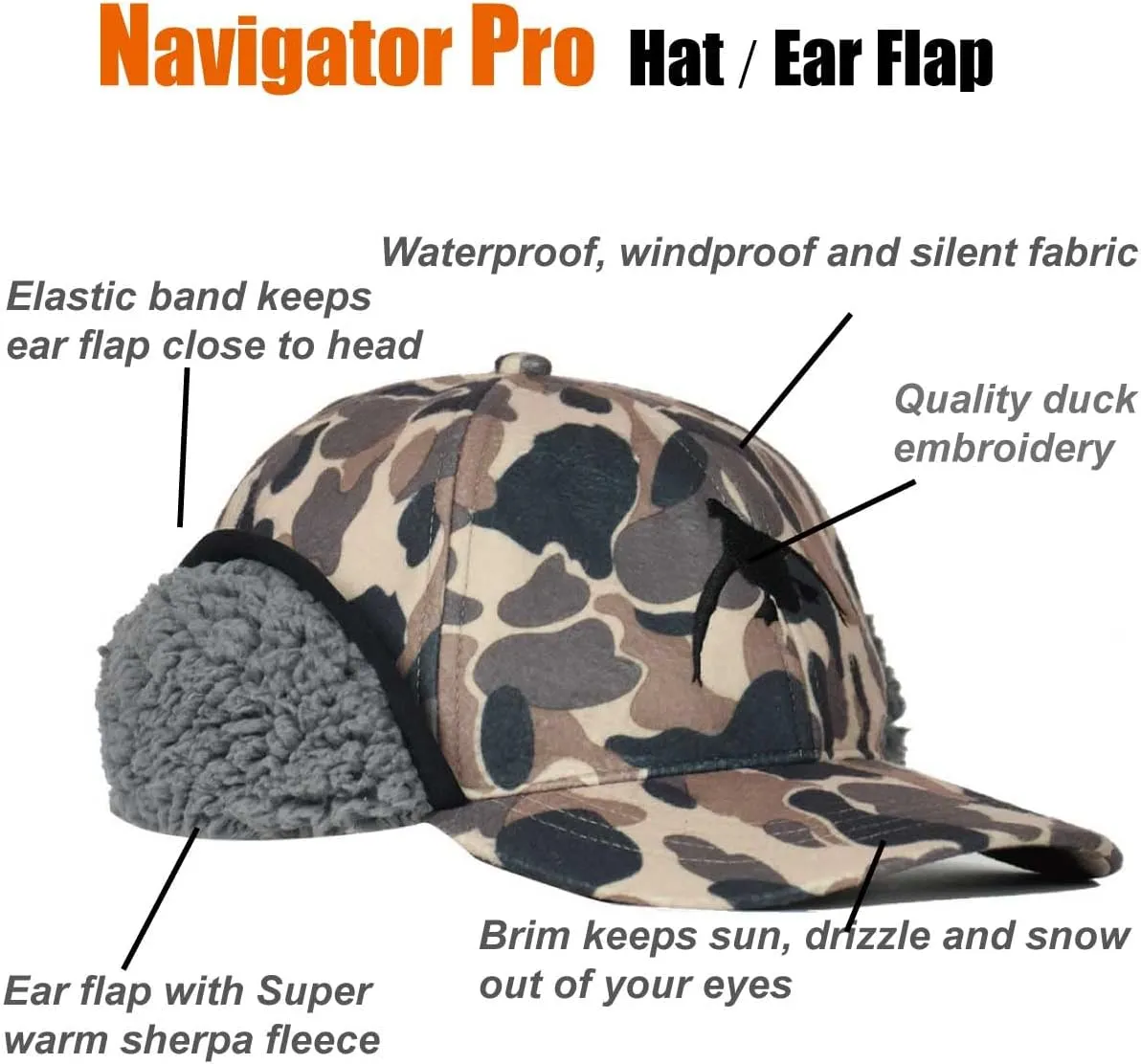 EDTREK Windproof and Waterproof Winter Hat with Sherpa Lined Ear Flap - Ultra Performance Blaze Orange and Camo Hunting Hat
