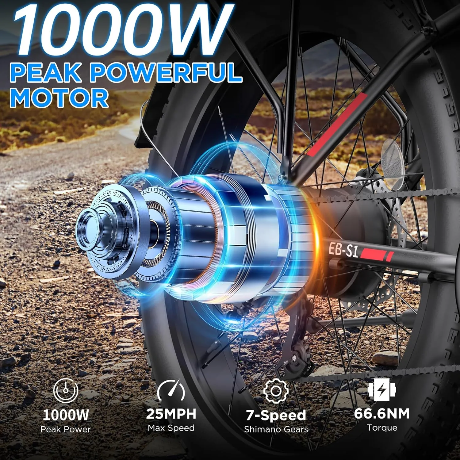 Electric Bike for Adults, 1000W Peak Ebike, 25MPH 60Miles Electric Mountain Bike, 26" Fat Tire Electric Bicycle with 48V 13AH Battery, Rear Rack, Turn Signal, Lockable Suspension Fork,7 Speed