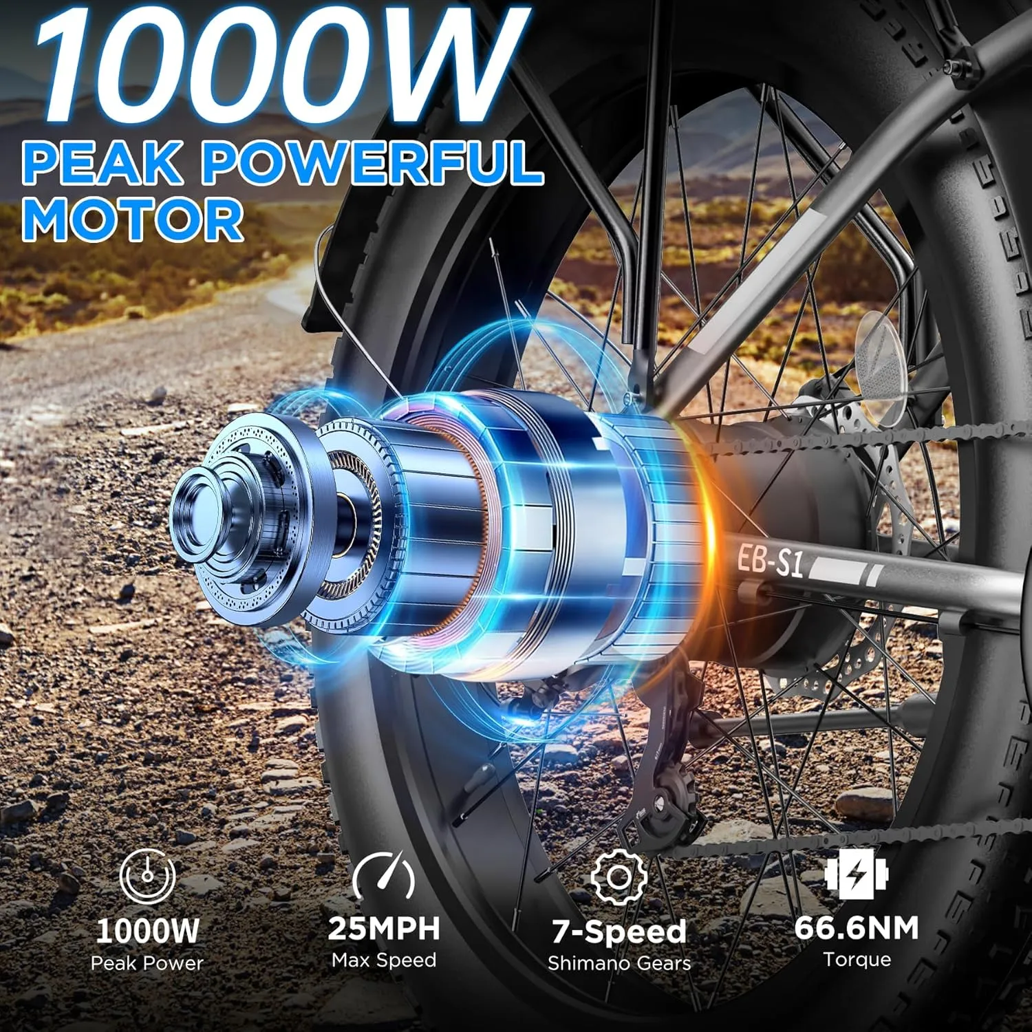 Electric Bike for Adults, 1000W Peak Ebike, 25MPH 60Miles Electric Mountain Bike, 26" Fat Tire Electric Bicycle with 48V 13AH Battery, Rear Rack, Turn Signal, Lockable Suspension Fork,7 Speed