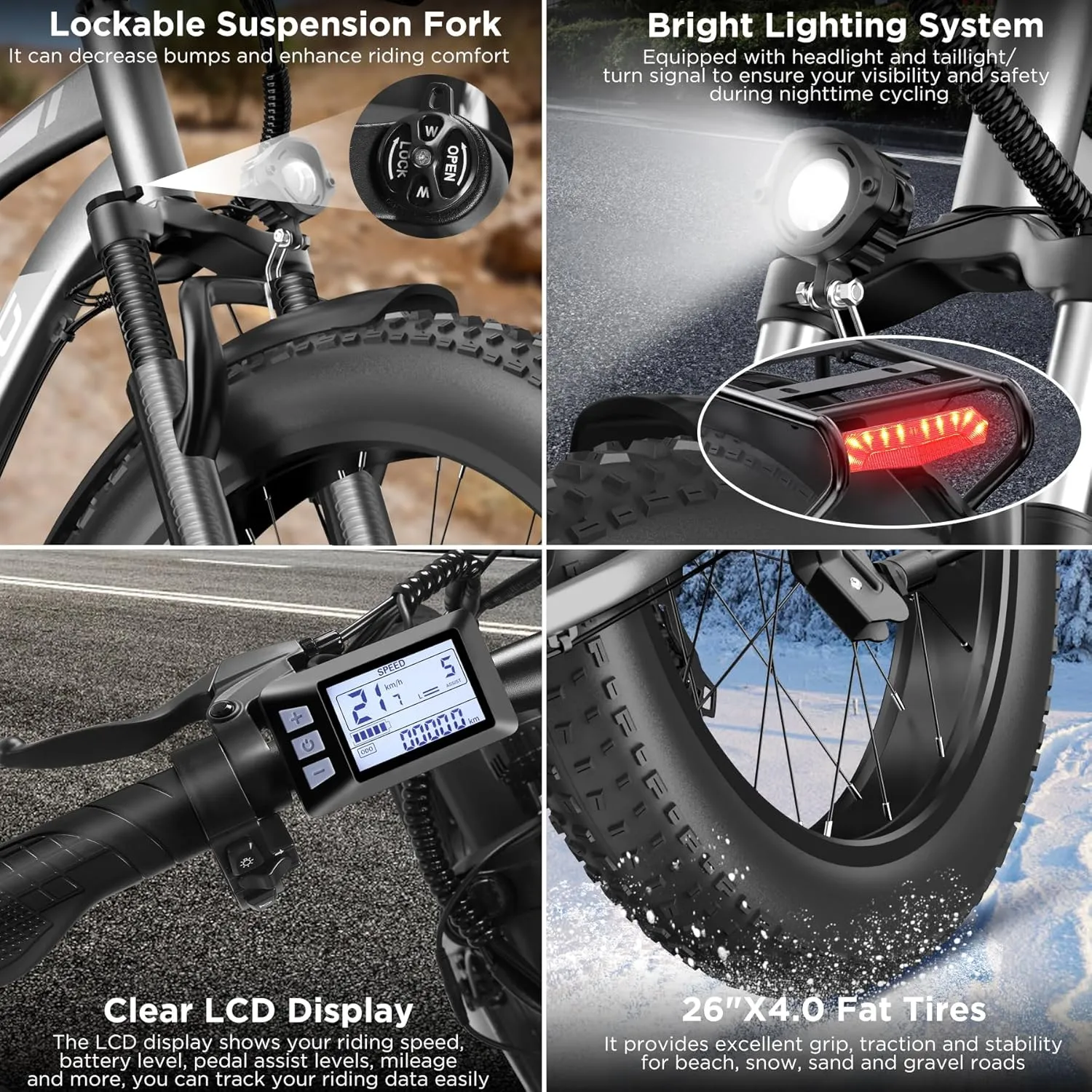 Electric Bike for Adults, 1000W Peak Ebike, 25MPH 60Miles Fat Tire Electric Bike, 26" Electric Mountain Bike with 48V 13AH Battery, Rear Rack, Turn Signal, 7 Speed