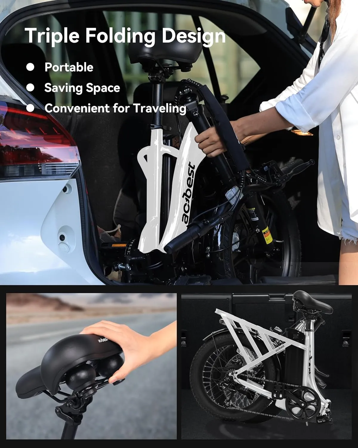 Electric Bike for Adults, Actbest Mars 20'' Fat Tire Folding Ebike with Peak 1000W Motor, 7 Speed 28MPH, 48V 499Wh Removable Battery Max Range 55 miles, Adjustable Bike Stem, Foldable Electric Bicycle