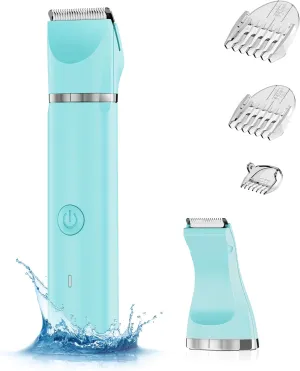 Electric Bikini Trimmer for Women,2 in 1 Electric Shaver for Women Pubic Hair, Portable Razors for Shaving with 2 Trimmer Heads,IPX7 Waterproof (Blue)