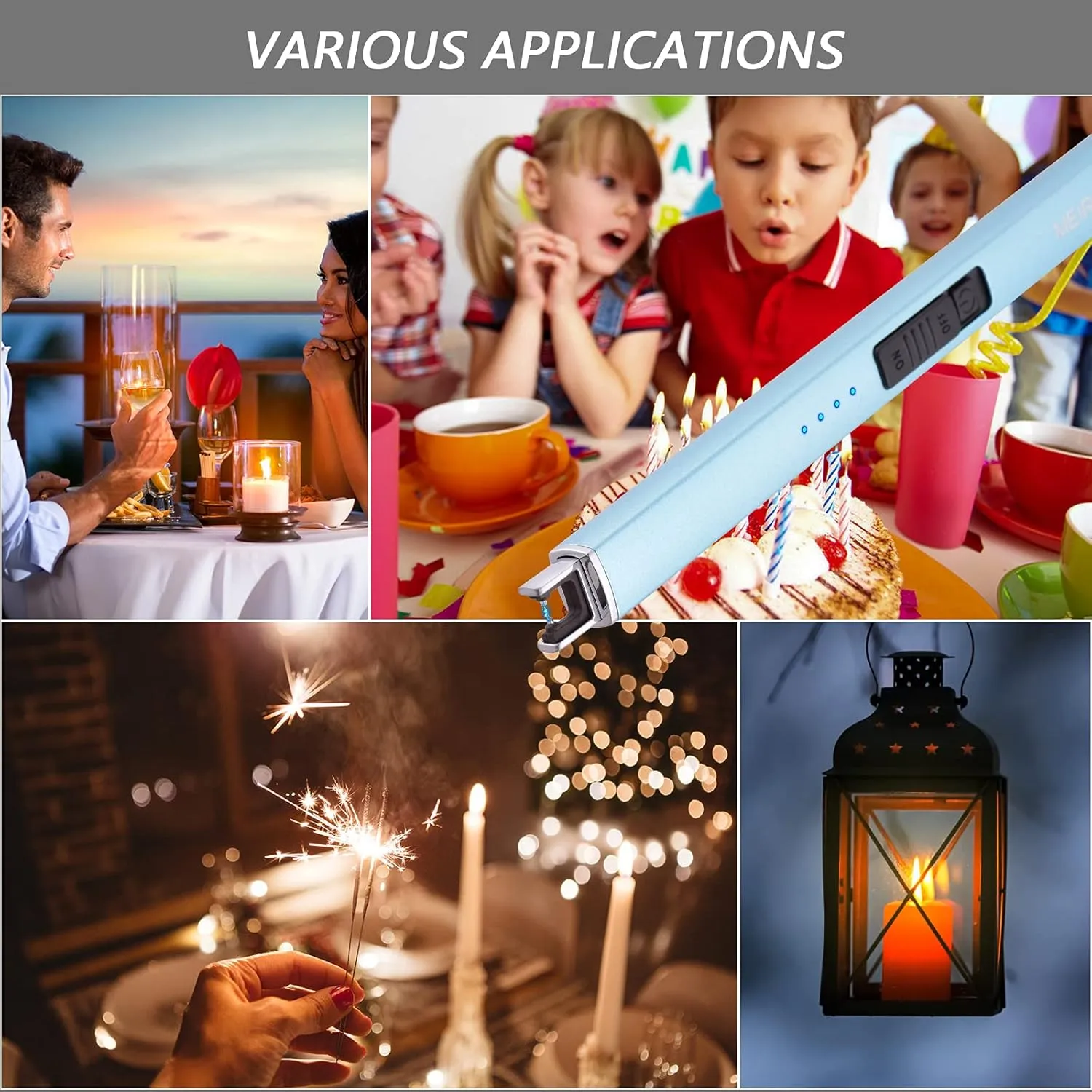 Electric Candle Lighter - Long, Rechargeable, Arc, Windproof, Flameless Lighters for Candle, Camping, BBQ, Birthday Gifts - Light Blue