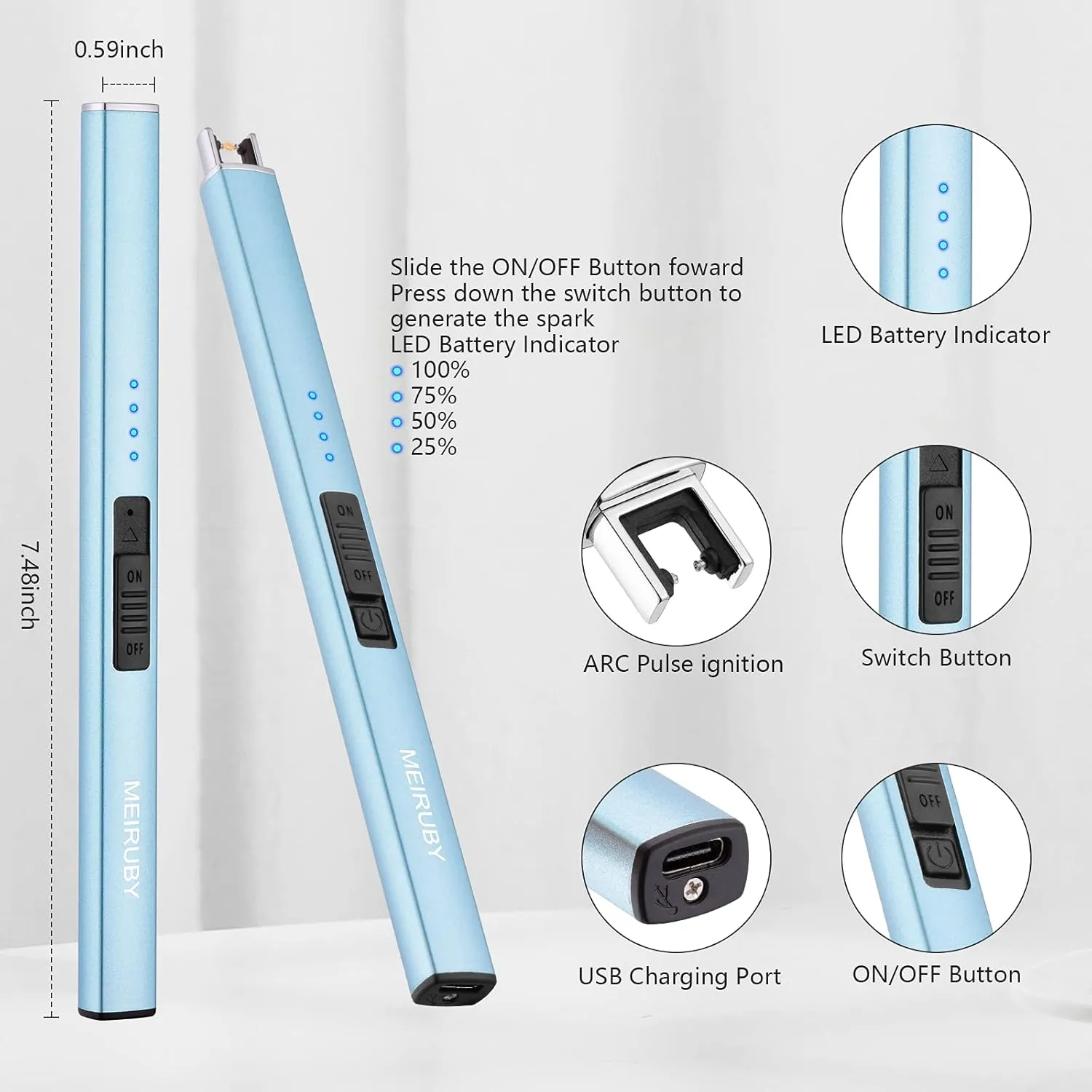 Electric Candle Lighter - Long, Rechargeable, Arc, Windproof, Flameless Lighters for Candle, Camping, BBQ, Birthday Gifts - Light Blue