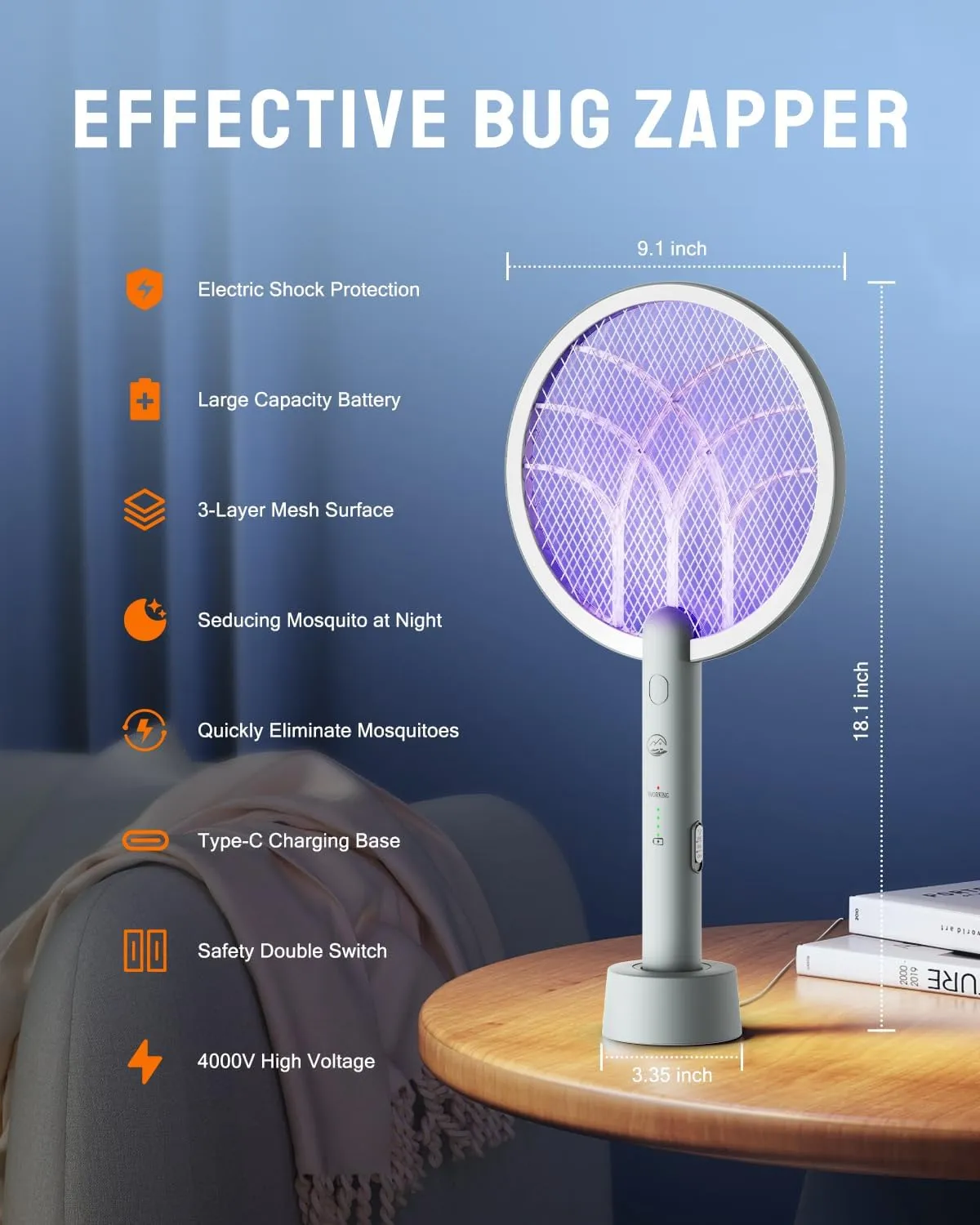 Electric Fly Swatter Racket, Mosiller 2 in 1 Smart Bug Zapper & Power Take Off Generators with USB Rechargeable Base, Powerful Mosquitoes Trap Lamp & Fly Killer for Home, Bedroom (Light Grey（1 Pack）)