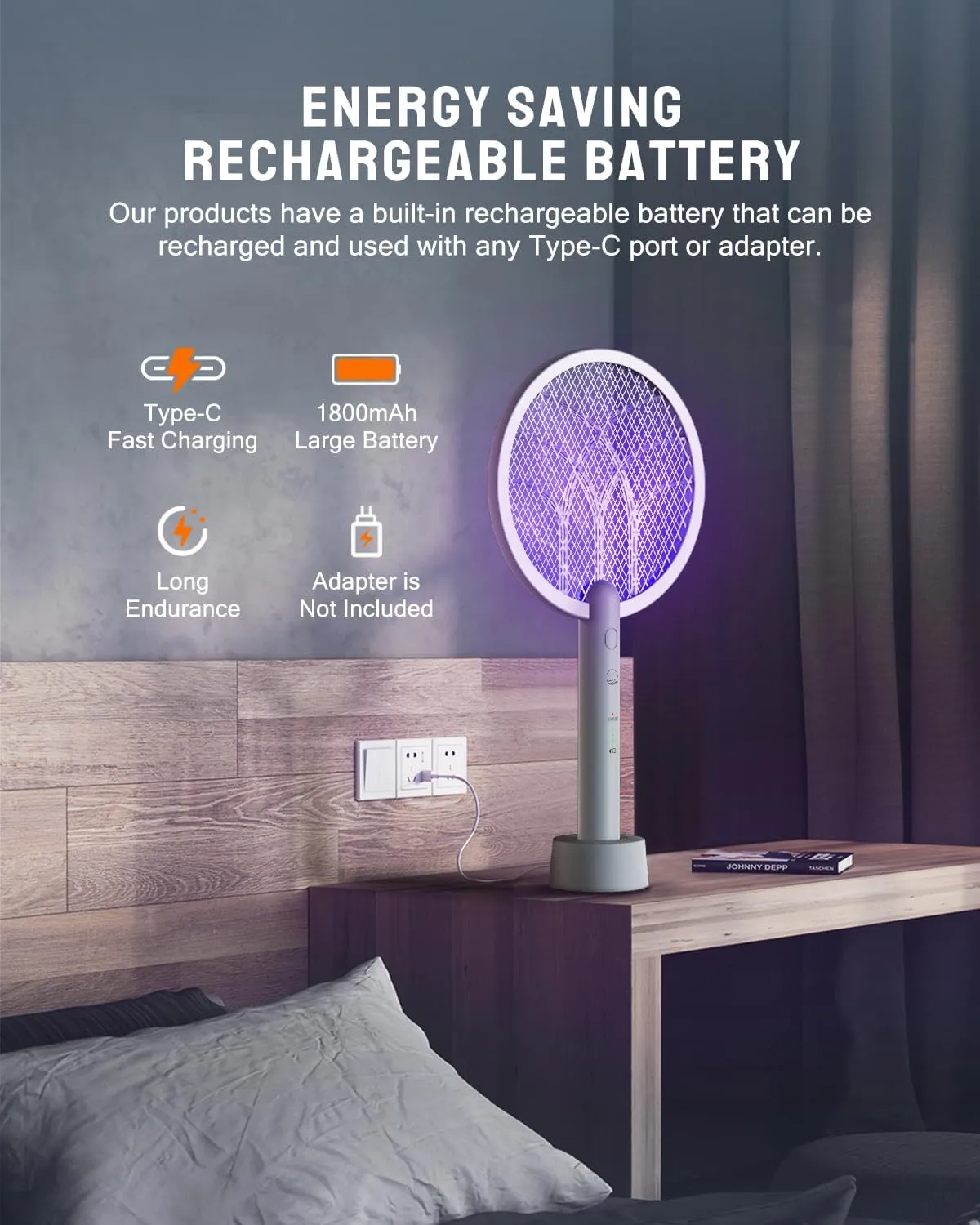 Electric Fly Swatter Racket, Mosiller 2 in 1 Smart Bug Zapper & Power Take Off Generators with USB Rechargeable Base, Powerful Mosquitoes Trap Lamp & Fly Killer for Home, Bedroom (Light Grey（1 Pack）)
