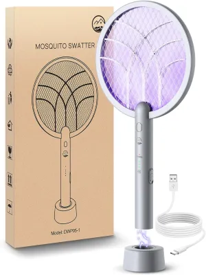 Electric Fly Swatter Racket, Mosiller 2 in 1 Smart Bug Zapper & Power Take Off Generators with USB Rechargeable Base, Powerful Mosquitoes Trap Lamp & Fly Killer for Home, Bedroom (Light Grey（1 Pack）)