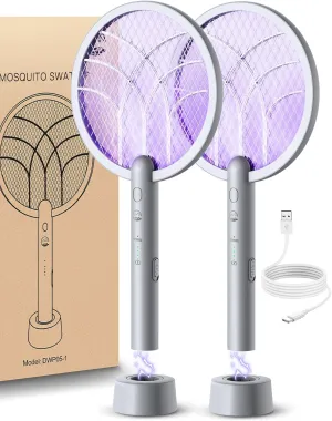 Electric Fly Swatter Racket, Mosiller 2 in 1 Smart Bug Zapper & Power Take Off Generators with USB Rechargeable Base, Powerful Mosquitoes Trap Lamp & Fly Killer for Home, Bedroom (Light Grey（2 Pack）)