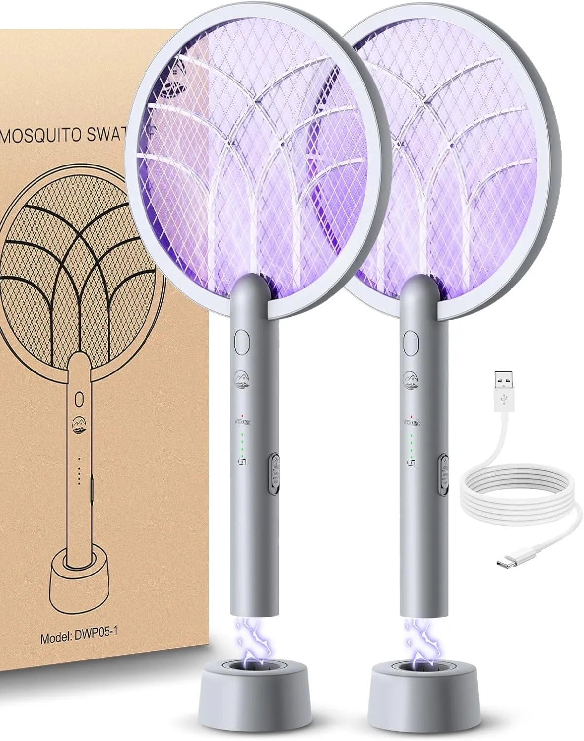 Electric Fly Swatter Racket, Mosiller 2 in 1 Smart Bug Zapper & Power Take Off Generators with USB Rechargeable Base, Powerful Mosquitoes Trap Lamp & Fly Killer for Home, Bedroom (Light Grey（2 Pack）)