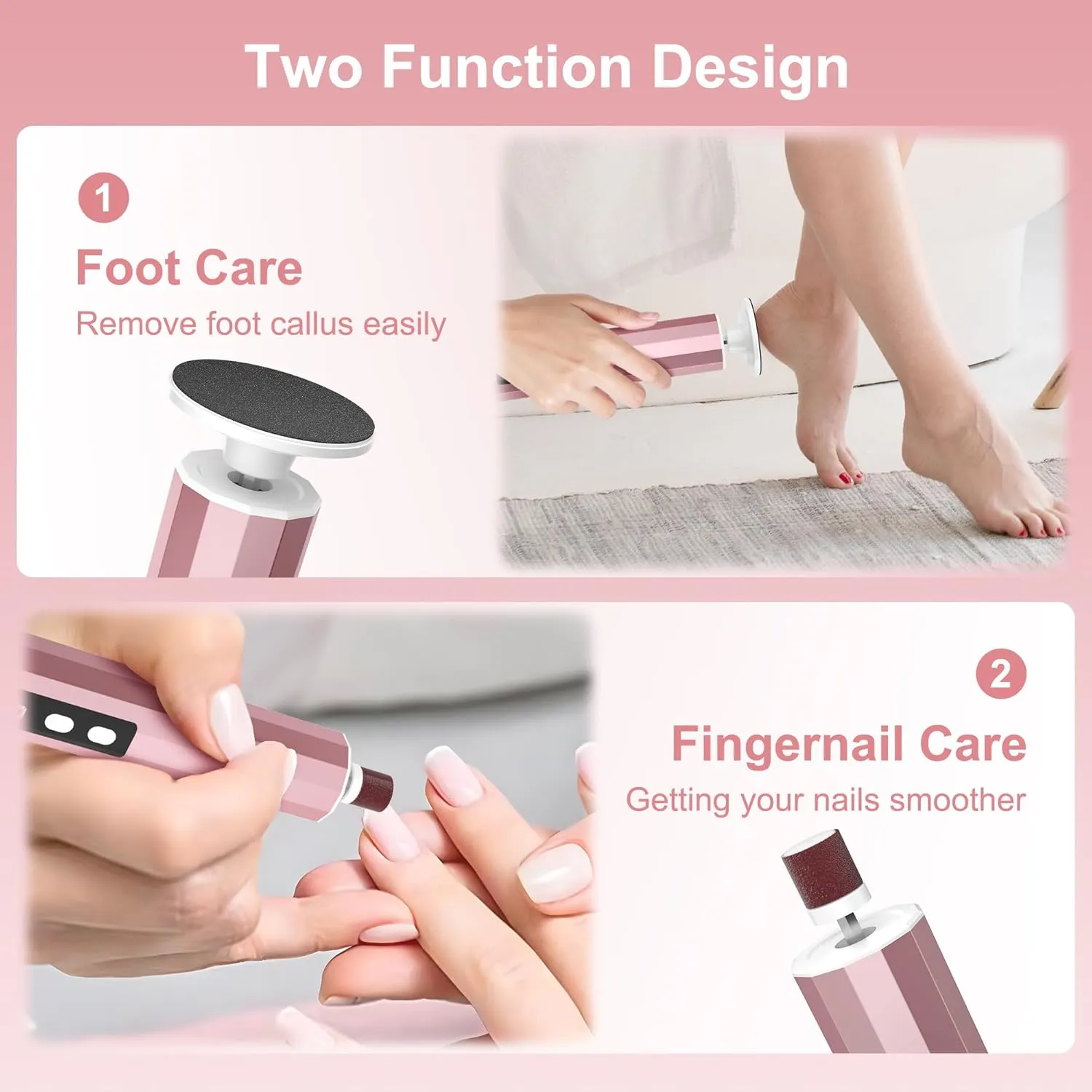 Electric Foot Callus Remover, 2 in 1 Rechargeable Foot File for Feet & Nails, 9 Speed Controller Callus Remover with Replaceable Sandpaper, Cordless Pedicure Tools for Dead Skin Calluses (PinkWhite)