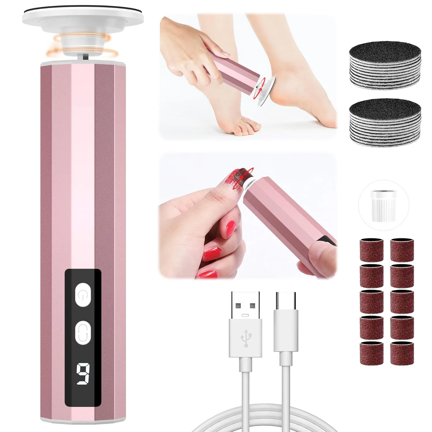 Electric Foot Callus Remover, 2 in 1 Rechargeable Foot File for Feet & Nails, 9 Speed Controller Callus Remover with Replaceable Sandpaper, Cordless Pedicure Tools for Dead Skin Calluses (PinkWhite)