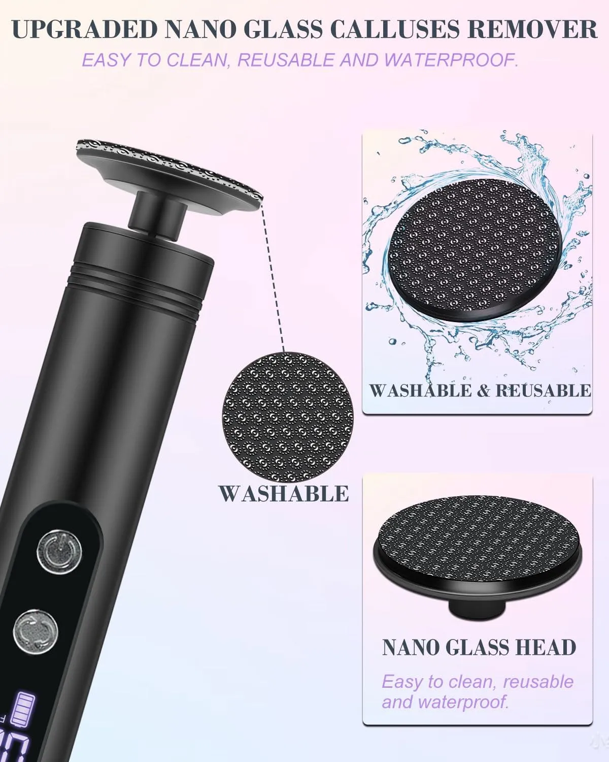 Electric Foot Callus Remover with Nano-Glass Head, 2000mAh Rechargeable Battery and LED Display, Foot File Callus Remover with Replaceable Sandpaper Discs, for Callus Removal and Nail Care, Black