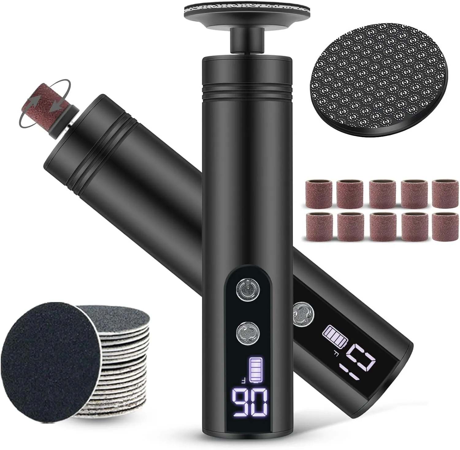 Electric Foot Callus Remover with Nano-Glass Head, 2000mAh Rechargeable Battery and LED Display, Foot File Callus Remover with Replaceable Sandpaper Discs, for Callus Removal and Nail Care, Black