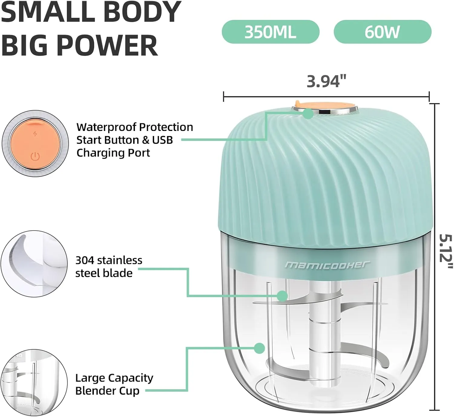 Electric Garlic Chopper, Portable Veggie Chopper, 350ML Garlic Grinder Masher Onion Cutter, Blender to Vegetable, Cordless Food Processor for Ginger, Chili, Fruit, Meat, Spices, Beans, etc(Green)