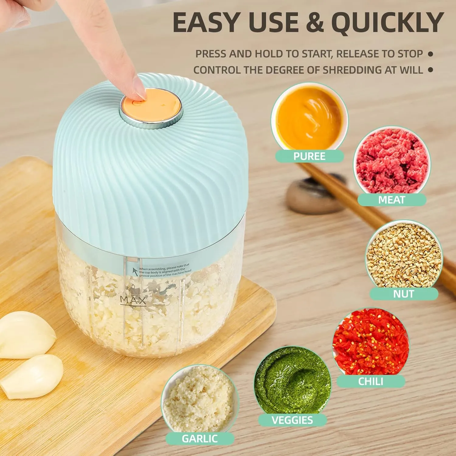 Electric Garlic Chopper, Portable Veggie Chopper, 350ML Garlic Grinder Masher Onion Cutter, Blender to Vegetable, Cordless Food Processor for Ginger, Chili, Fruit, Meat, Spices, Beans, etc(Green)