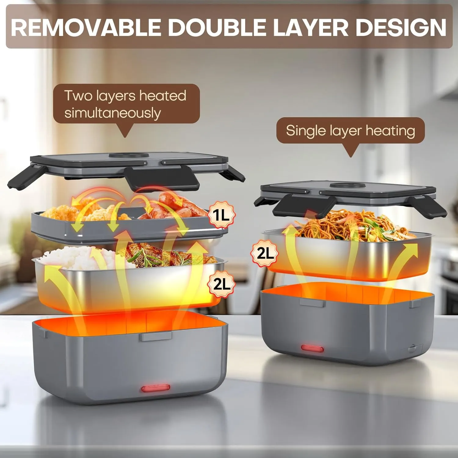 Electric Heated Lunch Box for Men - 3 Liters Double Layer Portable Food Warmer for Car Truck 90 W Self Heating Lunch Box for Adults Food Heater for Work Travel Camping lonchera,Dark Grey