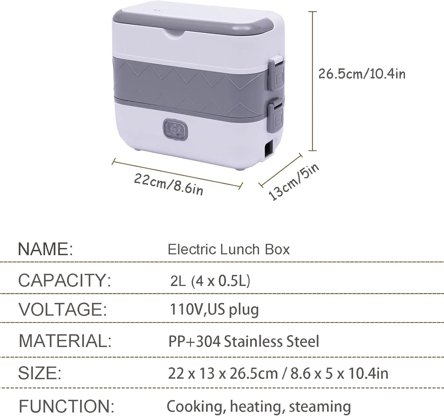 Electric Lunch Box,2L Portable Electric Self Cooking Heating Bento Lunch Box Multifunctional Mini Food Storage Warmer Container Rice Cooker Food Steamer,110V,Stainless Steel