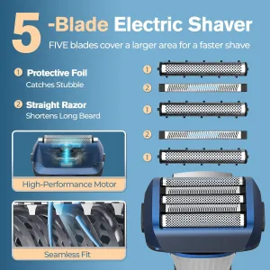 Electric Razors for Men Face,2-Speed Electric Shavers for Mens,5 Blades Close Men's Foil Shaver for Coarse Hair,Cordless Man Shaver Wet/Dry,USB-C Fast Rechargeable Shaving Machines for Travel（Blue）