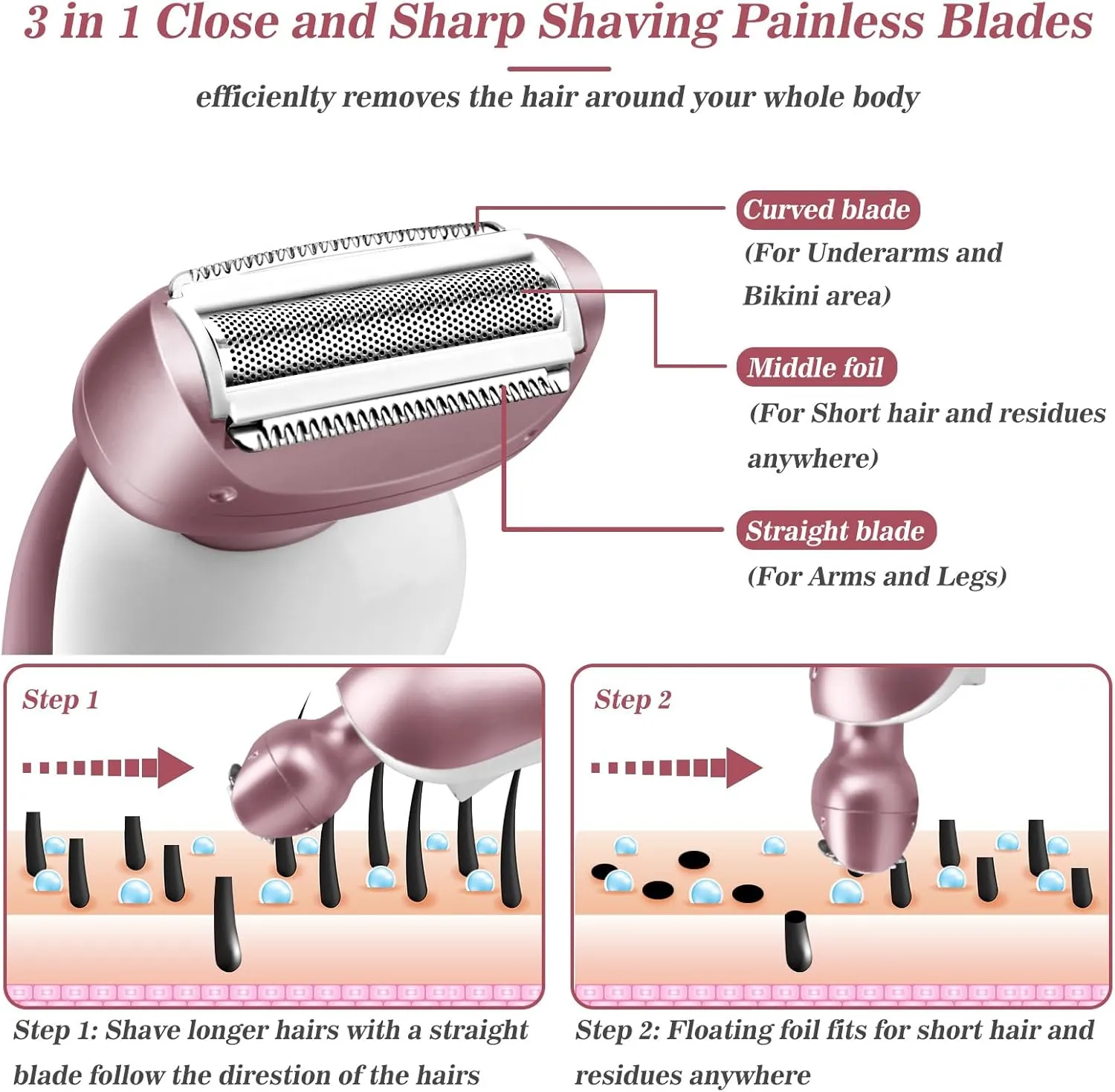 Electric Shaver for Women for Legs Bikini Trimmer Electric Razors for Women Underarm Public Hairs Rechargeable Womens Shaver Wet Dry Use Painless Cordless with Detachable Head (Pink)