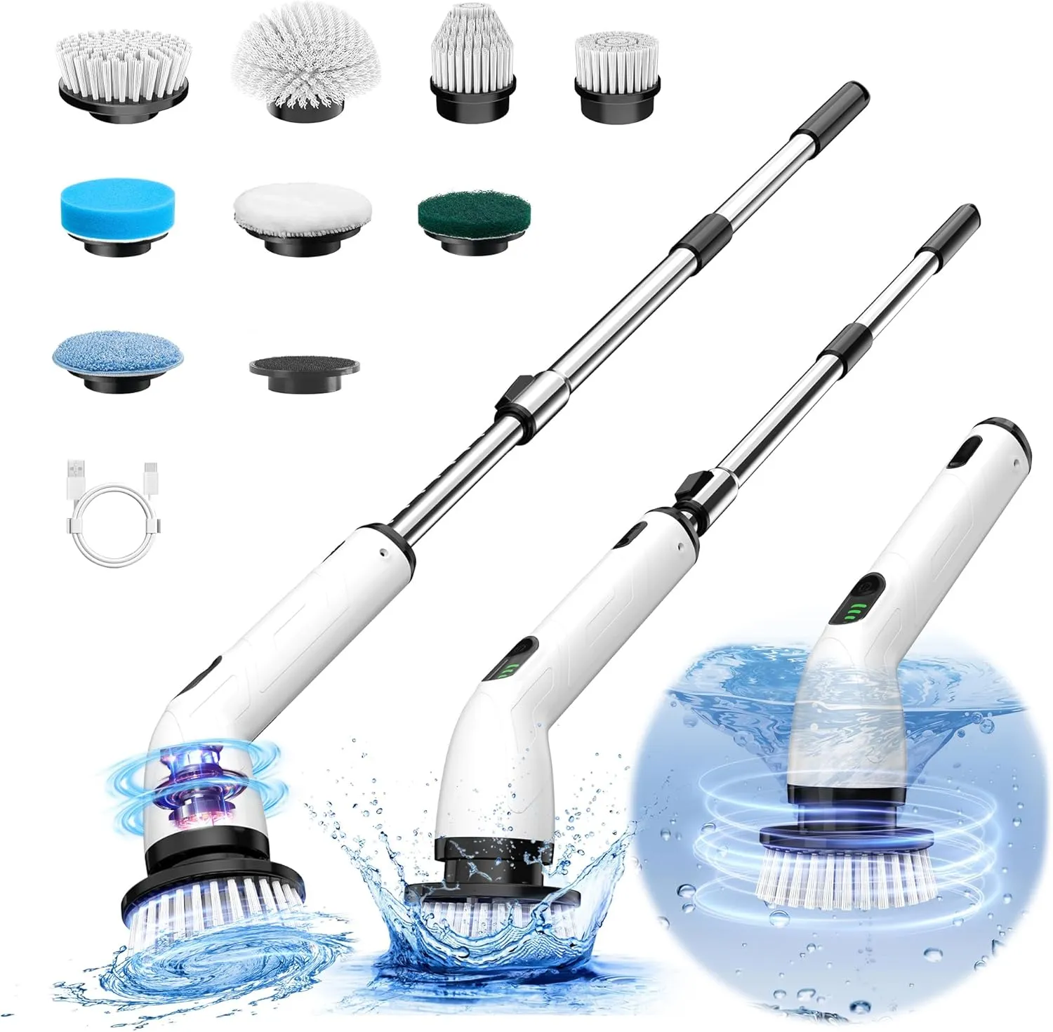 Electric Spin Scrubber, 2024 New Full-Body IPX7 Waterproof Cordless Bathroom Scrubber with 8 Replaceable Heads, Upgraded Extension Handle, Shower Cleaning Brush for Bathtub, Tile, Floor-KE3