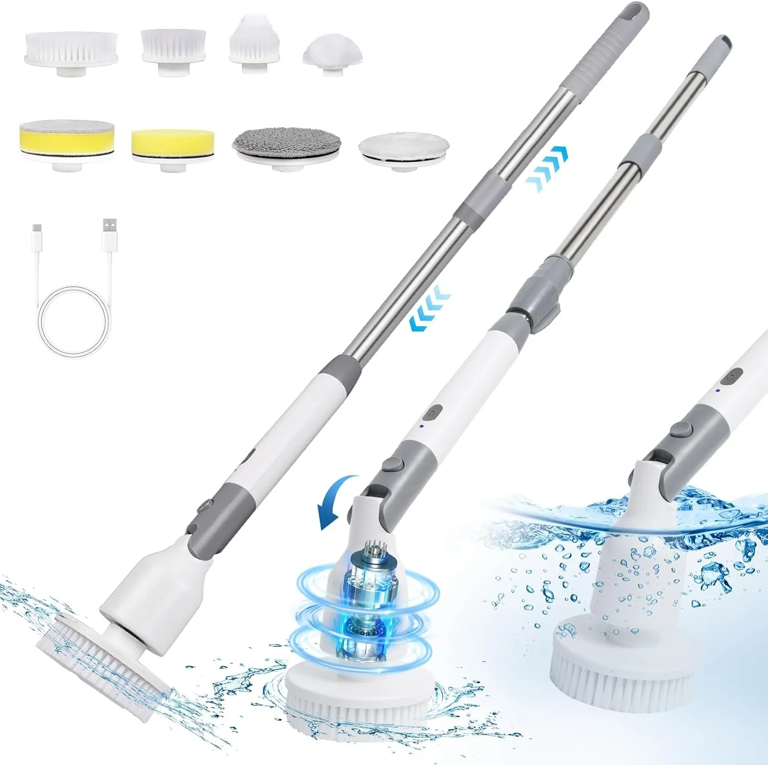 Electric Spin Scrubber with 3 Adjustable Angles, Cordless Cleaning Brush for Bathroom, IPX7 Shower Scrubber with Long Handle & 8 Brush Heads, 2 Speed Power for Bathtub Floor Tile Car, JC305