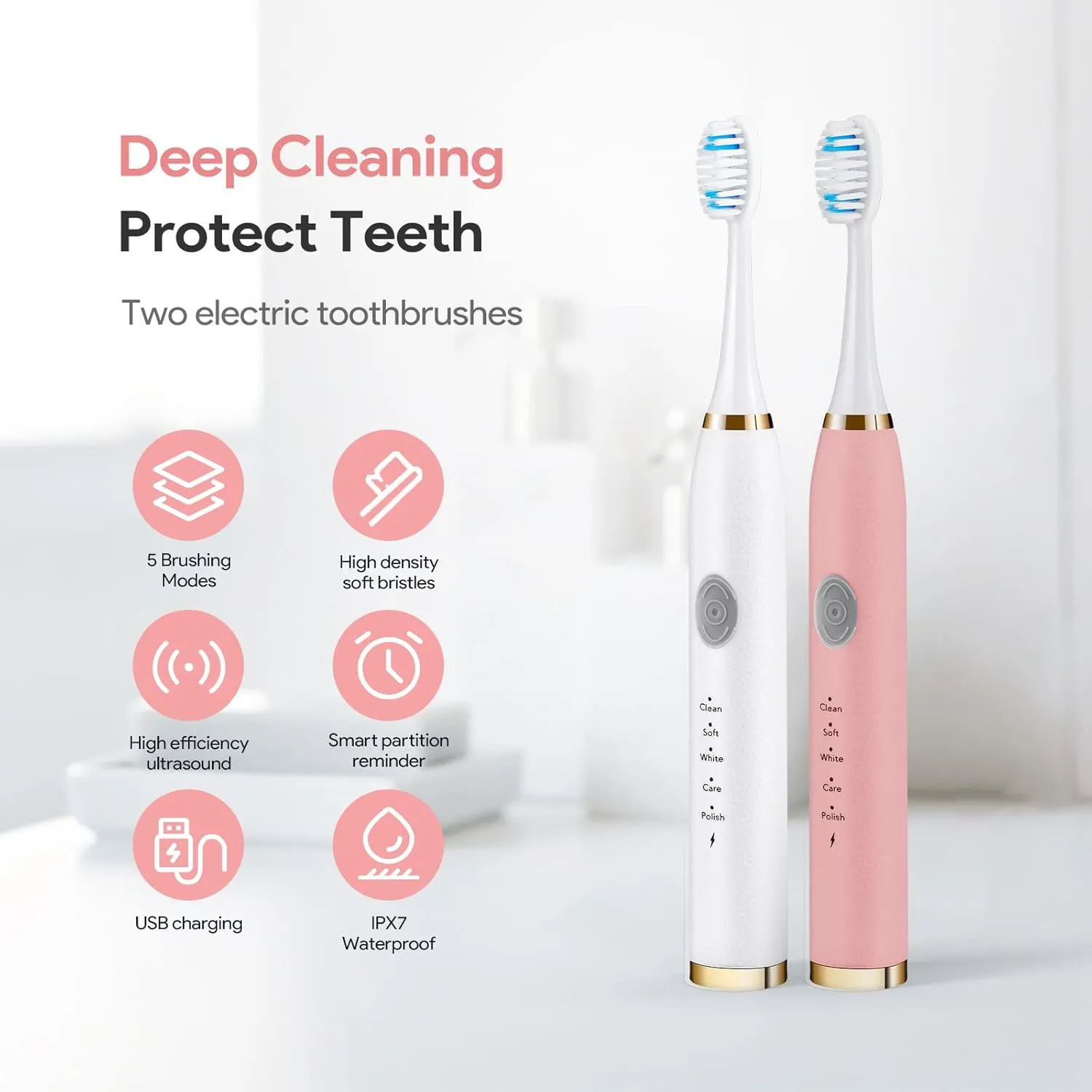 Electric Toothbrush 2 Pack, Travel Electric Toothbrush for Adult Includes 10 Replacement Brush Heads, 5 Modes, 2 Hours Charge for 60 Days (White & Pink)