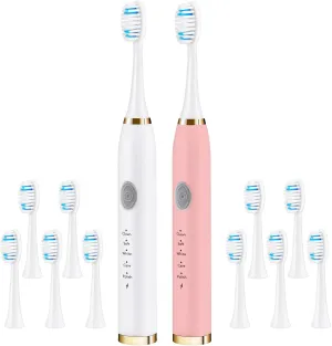 Electric Toothbrush 2 Pack, Travel Electric Toothbrush for Adult Includes 10 Replacement Brush Heads, 5 Modes, 2 Hours Charge for 60 Days (White & Pink)