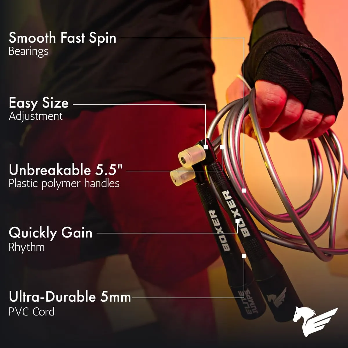 Elite Jumps Boxer Jump Rope 3.0 for Fitness & Cardio Training | Professionally Designed Boxing Jump Rope w/Smooth Action Polymer Handles & Slip-Resistant Grips | Tangle-Free PVC