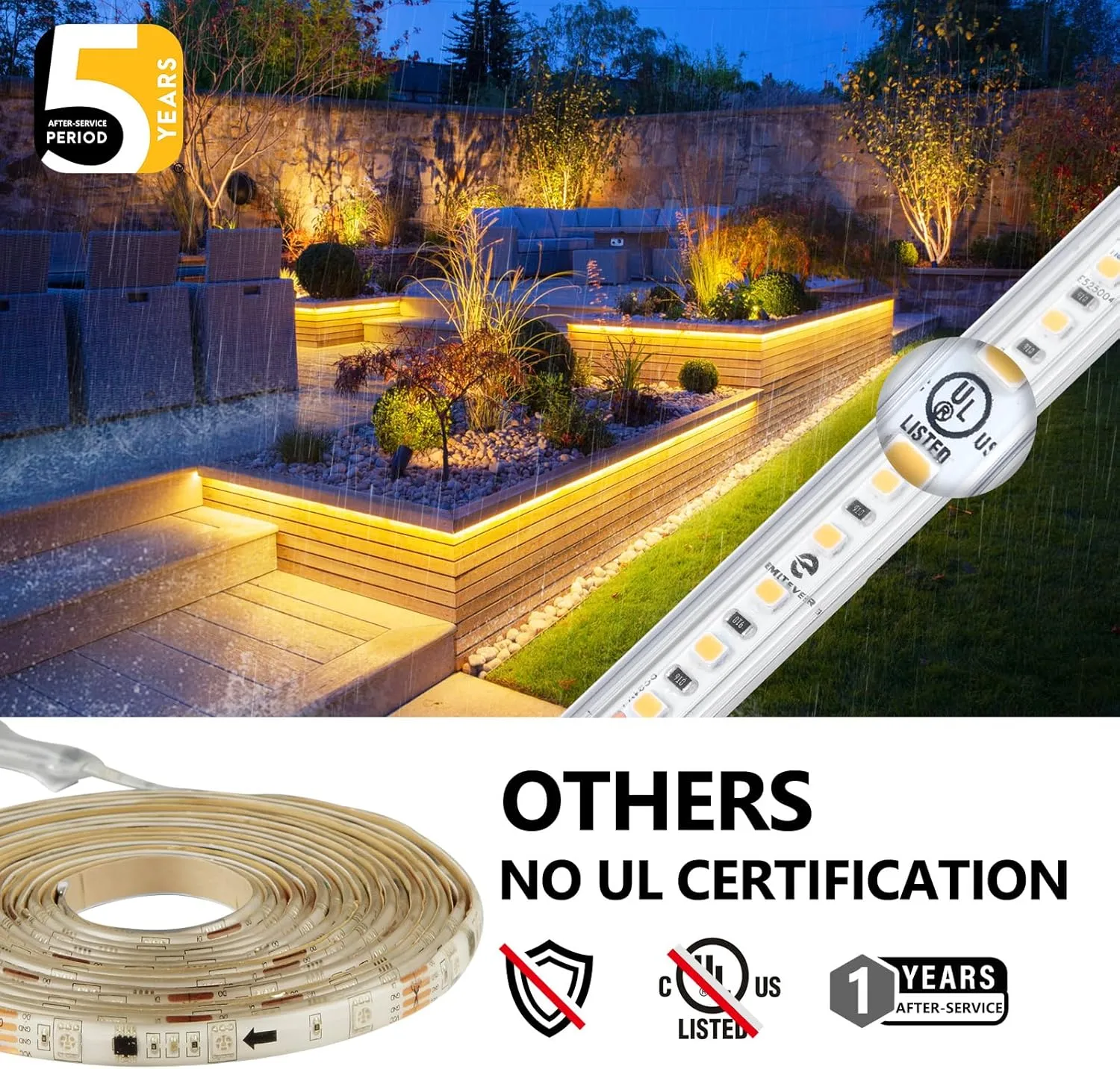EMITEVER Outdoor LED Strip Lights Waterproof 16.4ft, 3000K Warm White 24V Dimmable Silicone LED Tape Lighting IP67 High Density, 240 LM/ft, 600LEDs,2.9W/ft, UL Listed (Power Supply Not Included)