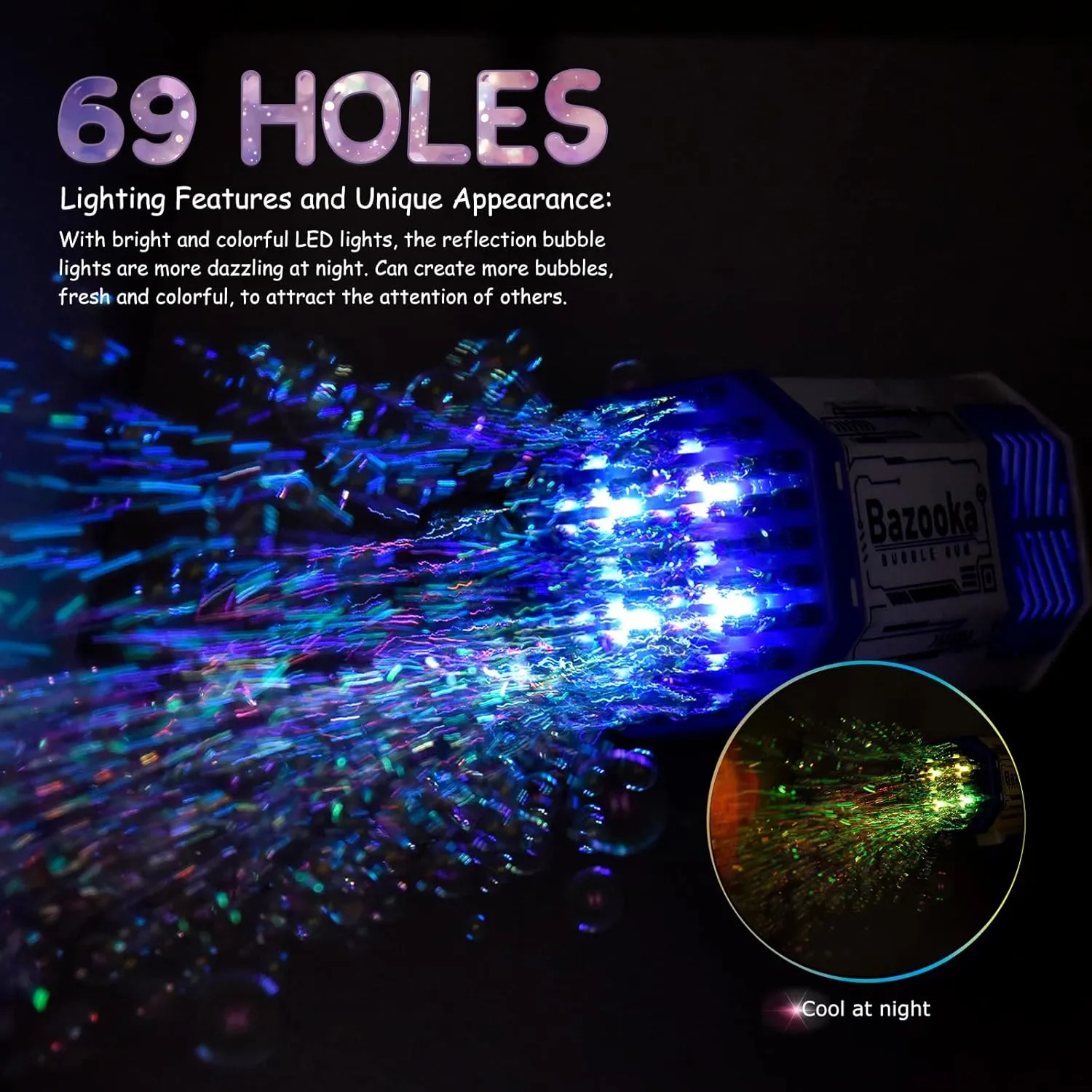 Erice Bubble Gun, Bazooka Bubble Machine Gun with 69 Holes and Colorful Lights, Super Big Electric Automatic Bubble Maker Machine for Kids Adults Summer Outdoor Party Wedding Activity (Purple)
