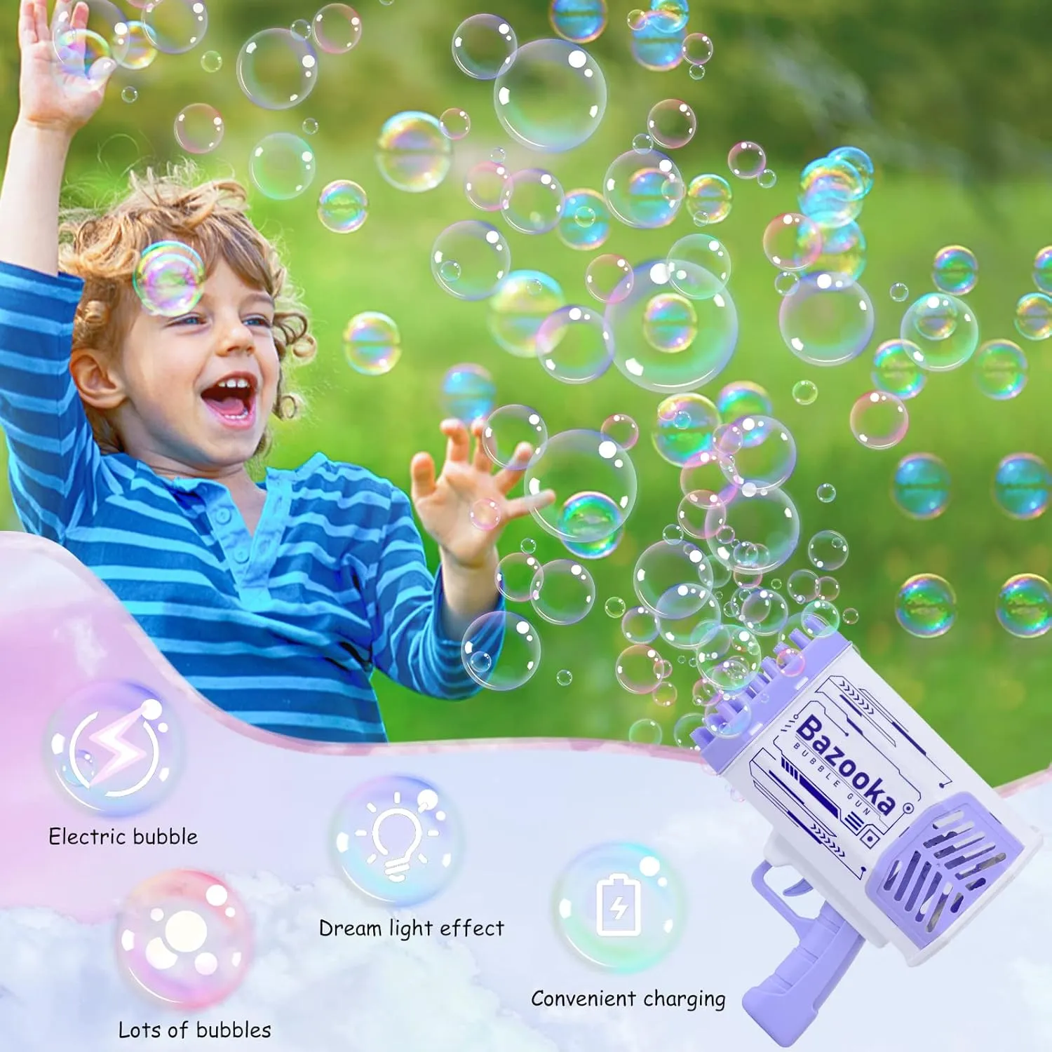 Erice Bubble Gun, Bazooka Bubble Machine Gun with 69 Holes and Colorful Lights, Super Big Electric Automatic Bubble Maker Machine for Kids Adults Summer Outdoor Party Wedding Activity (Purple)