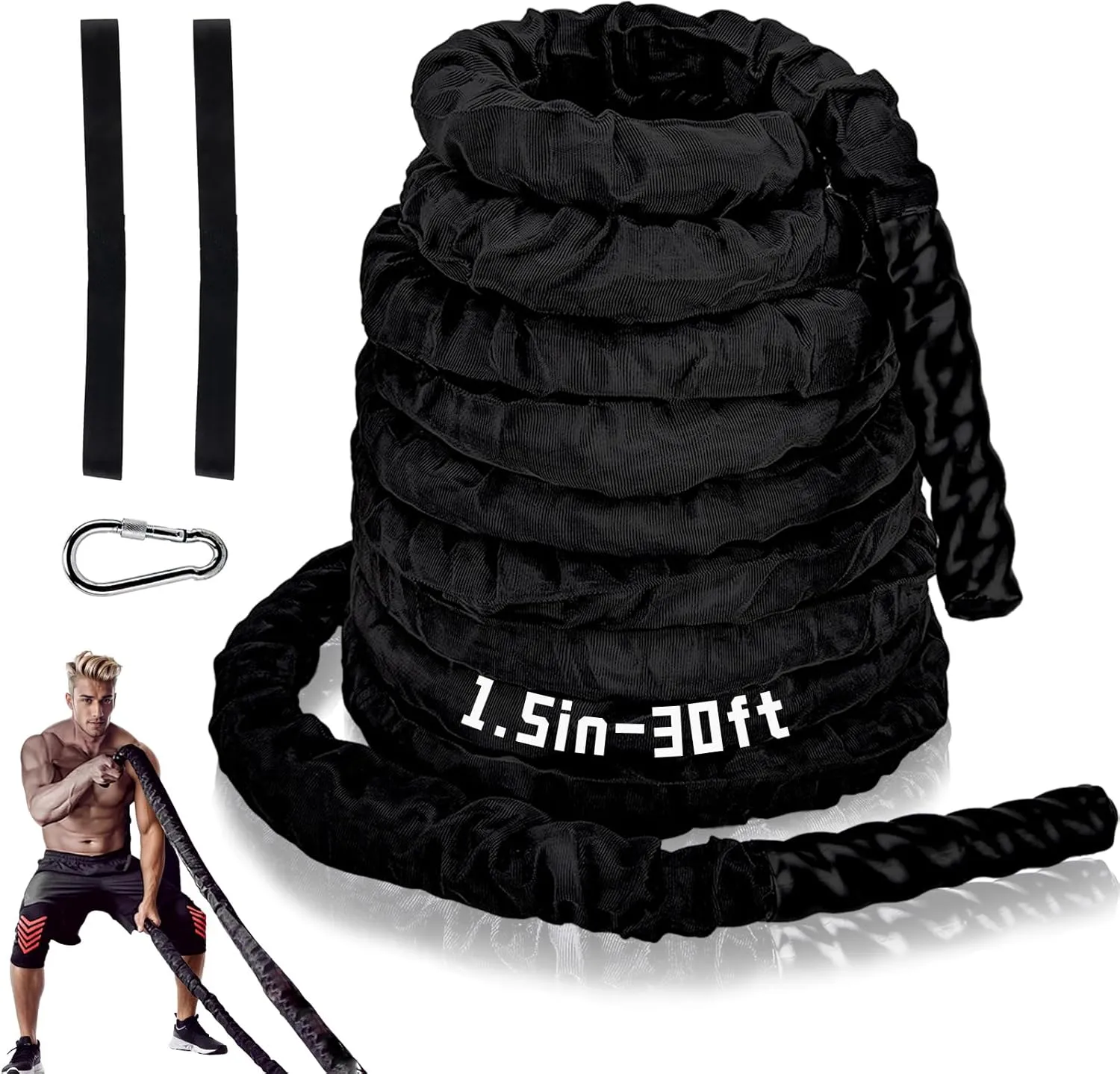 Exercise Battle Ropes 1.5 inch 30 ft - Heavy Duty Polyester Workout Ropes for Home Gym, Strength Training, and Fitness Equipment - Black