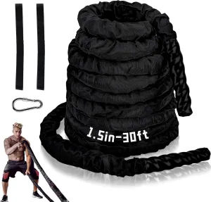 Exercise Battle Ropes 1.5 inch 30 ft - Heavy Duty Polyester Workout Ropes for Home Gym, Strength Training, and Fitness Equipment - Black