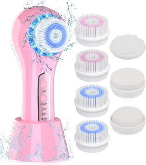 Face Cleansing Brush, CIYOYO Electric Facial Cleaner Brush Red/Blue Light Spin, Rechargeable Waterproof Scrub with 7 Cleanser Heads for Deep Cleaning, Exfoliating, Removing Blackhead, Massaging