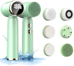 Facial Cleansing Brush, 6 in 1 Electric Face Scrubber with 6 Brush Heads and 3 Spin Speeds for Deep Cleansing, Waterproof Rechargeable Face Brushes for Dry Oily Sensitive Skin (Green)