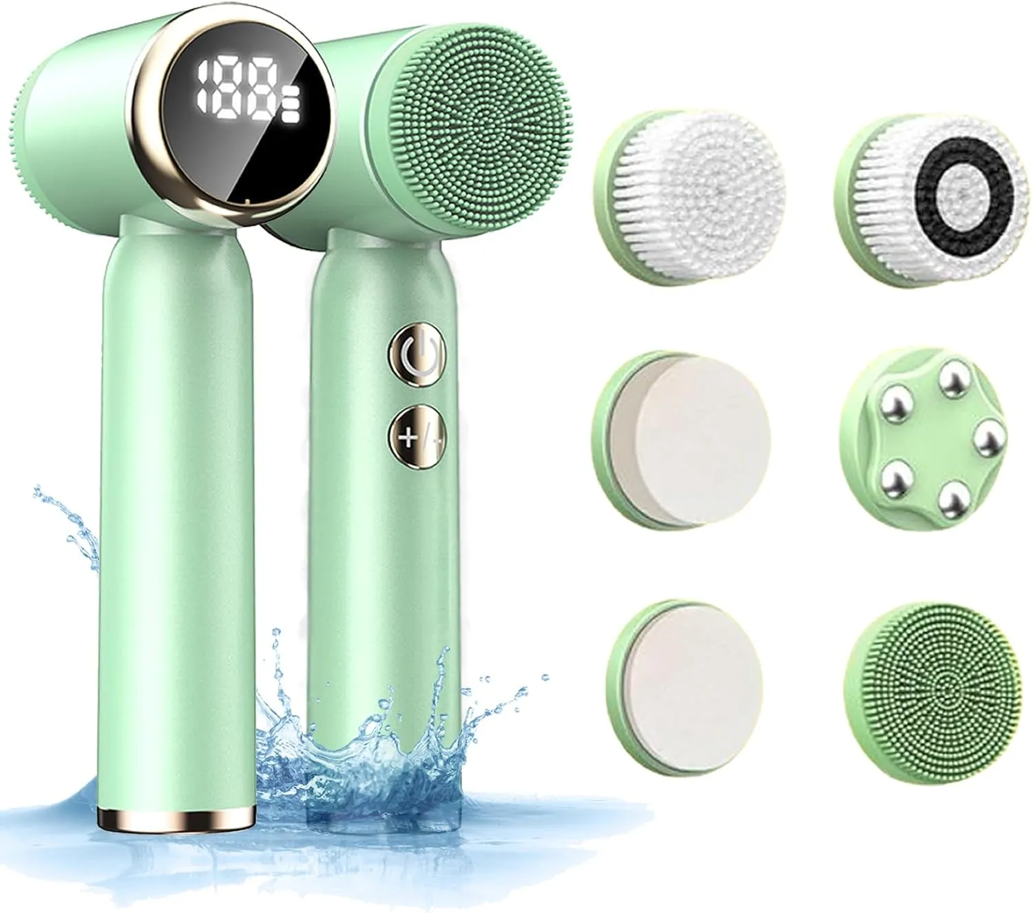 Facial Cleansing Brush, 6 in 1 Electric Face Scrubber with 6 Brush Heads and 3 Spin Speeds for Deep Cleansing, Waterproof Rechargeable Face Brushes for Dry Oily Sensitive Skin (Green)