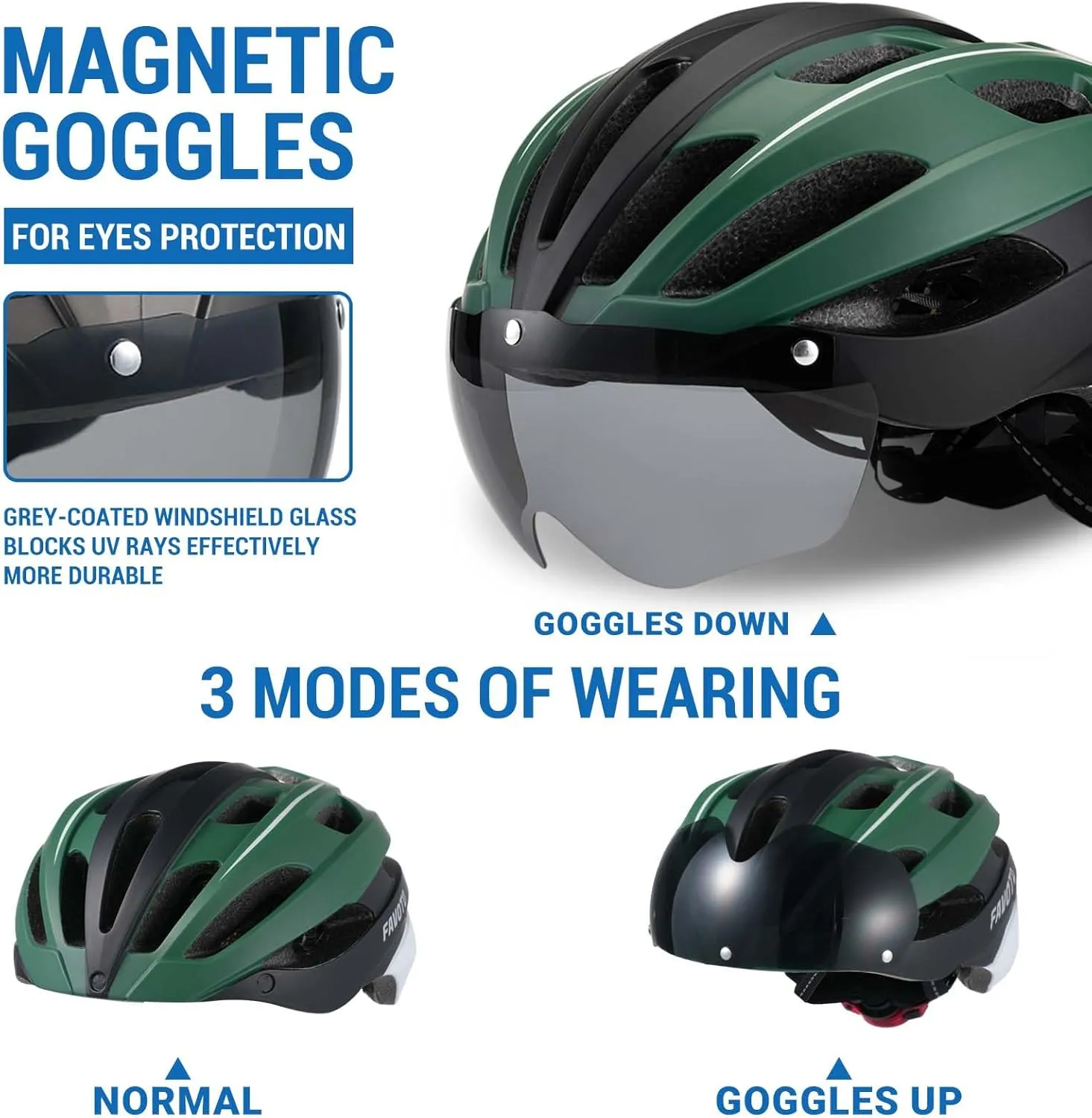 Favoto Bike Helmet with Light and Magnetic Goggles - USB Rechargeable Taillight -Mountain and Road Cycling Helmets for Men and Women