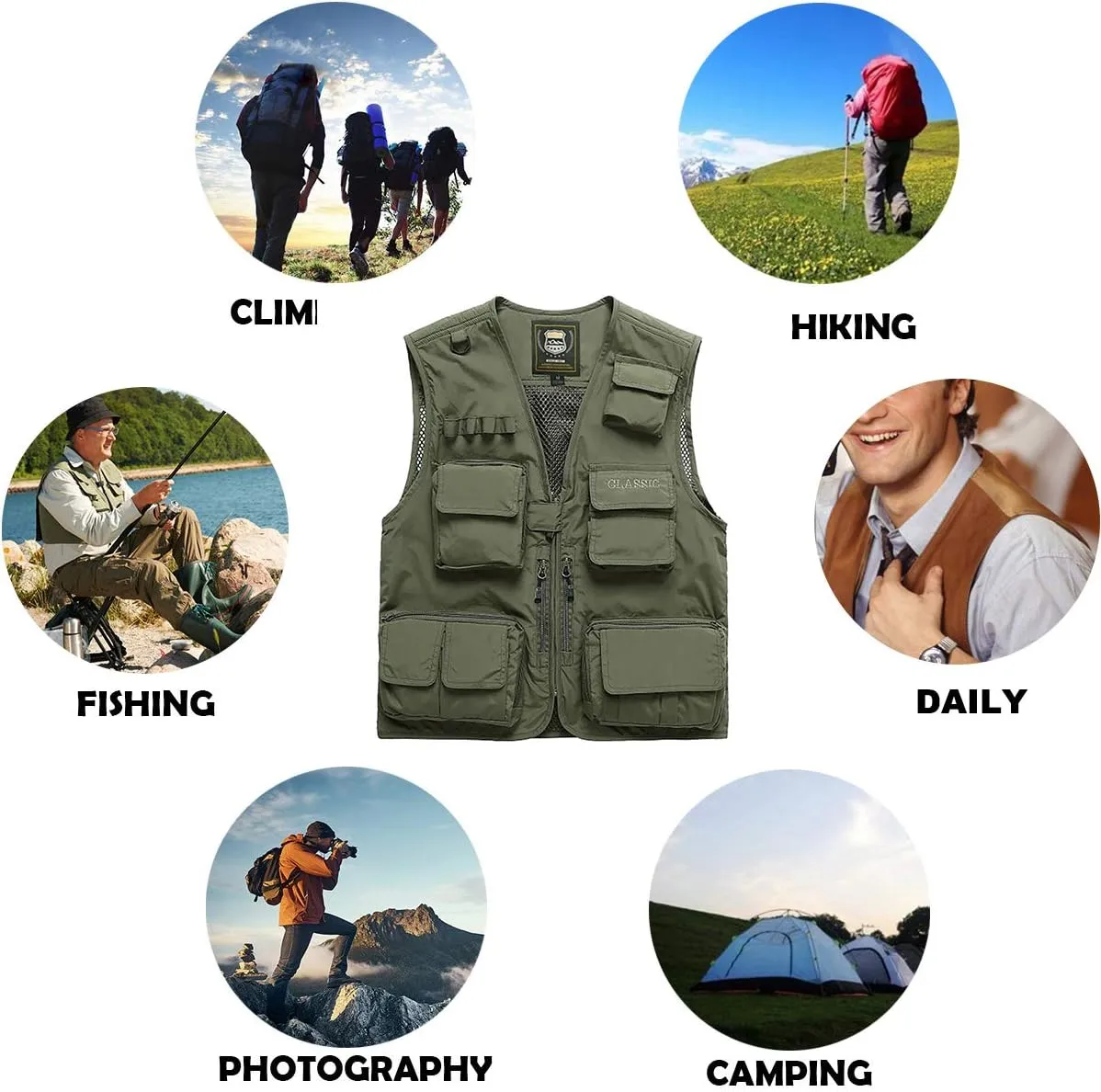FEOYA Men Fishing Vest Multi Pockets Zipper Lightweight Plus Vest for Photography Climbing Hiking