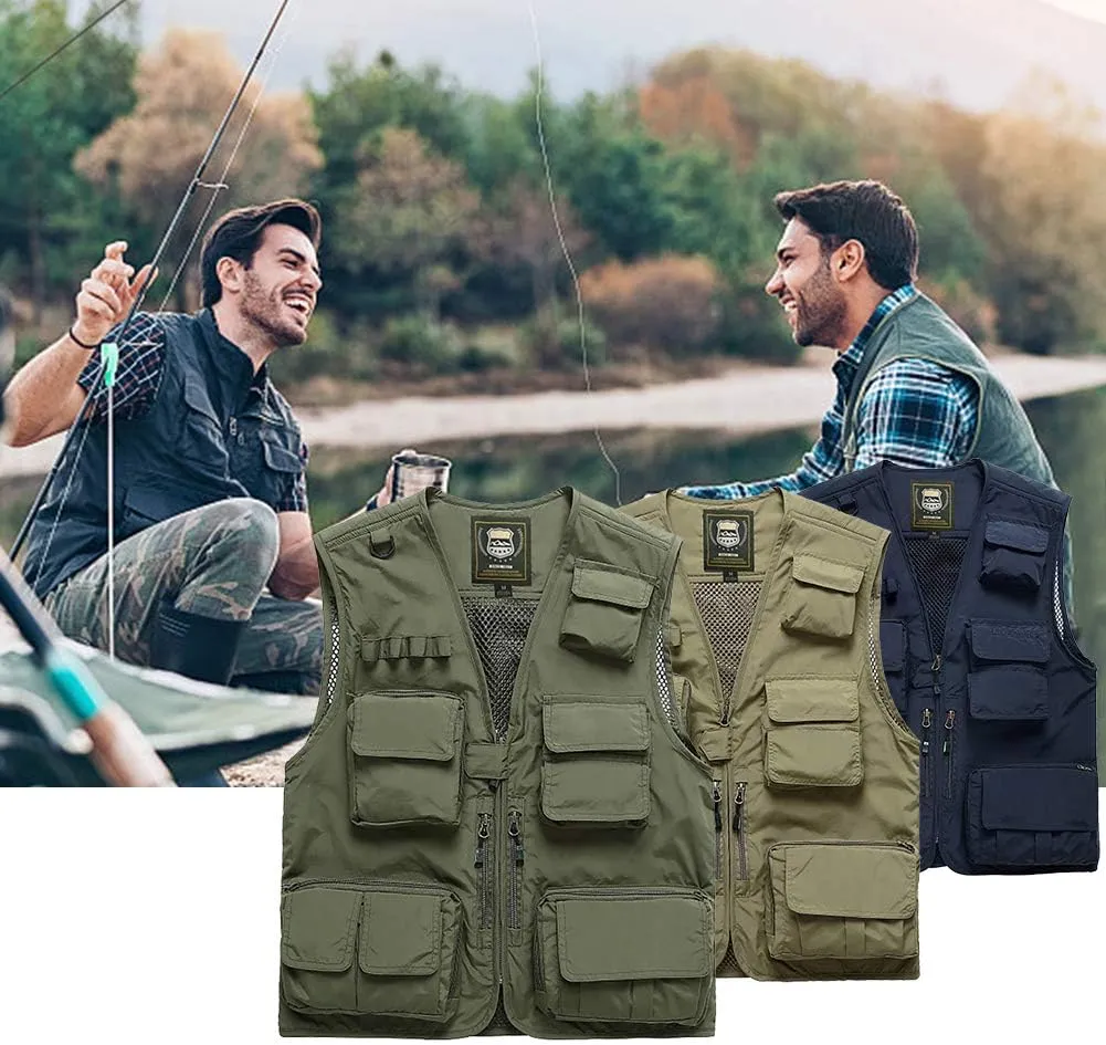 FEOYA Men Fishing Vest Multi Pockets Zipper Lightweight Plus Vest for Photography Climbing Hiking