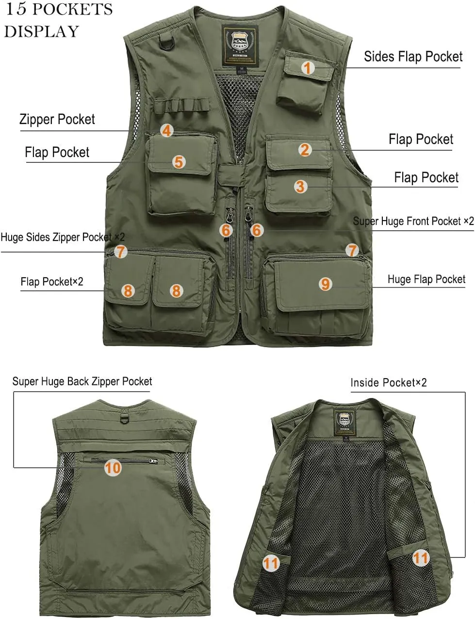 FEOYA Men Fishing Vest Multi Pockets Zipper Lightweight Plus Vest for Photography Climbing Hiking