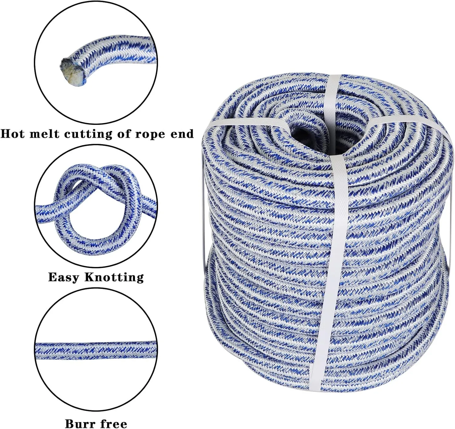 findmall 3/4 Inch 200 Feet 24 Strands Braided Line Tree Felling String High Strength Polyester Rope for Swing Camping Bundling Blue White