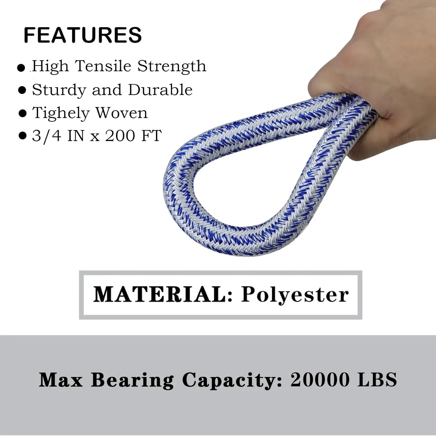 findmall 3/4 Inch 200 Feet 24 Strands Braided Line Tree Felling String High Strength Polyester Rope for Swing Camping Bundling Blue White