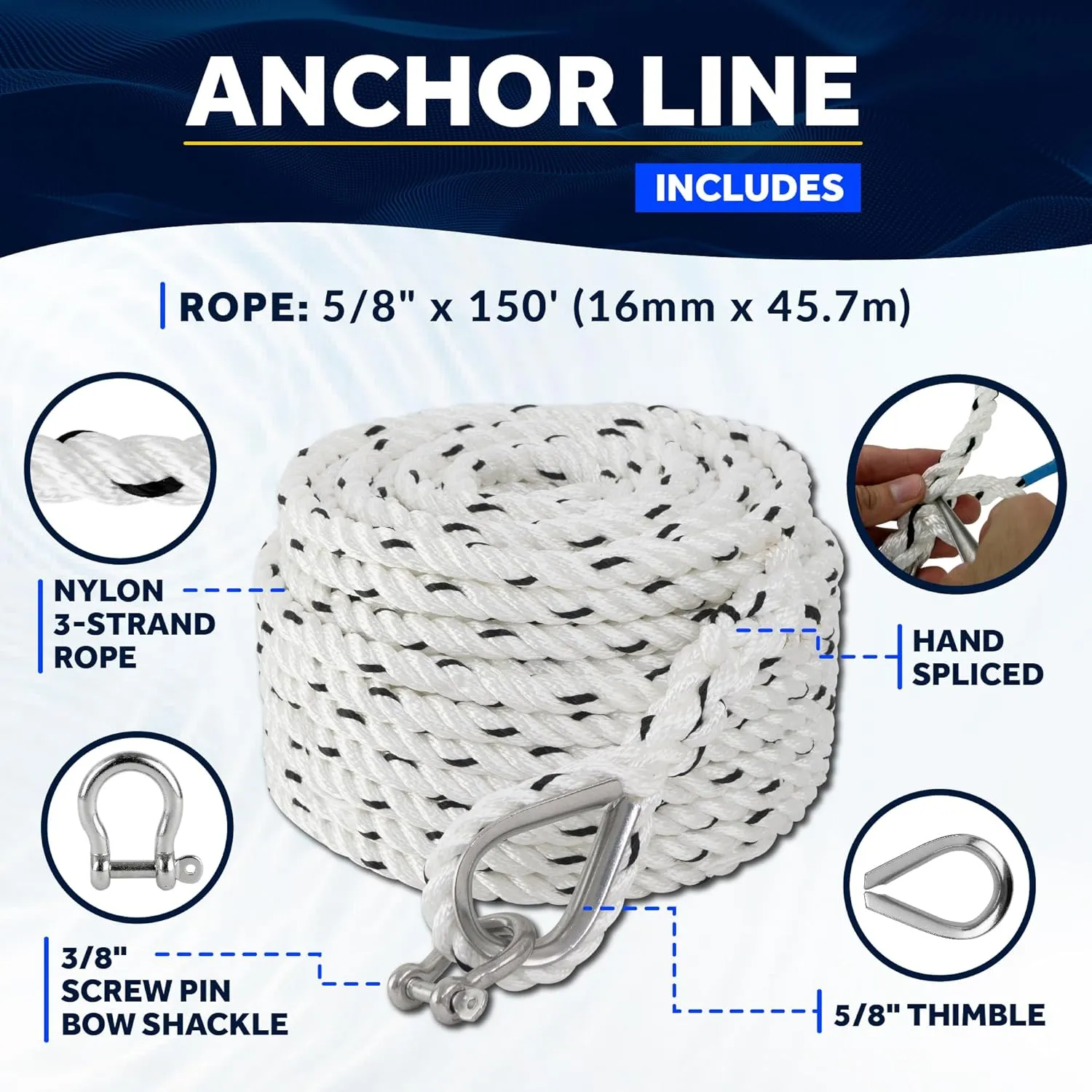 Five Oceans Anchor Line 5/8" x 150', Anchor Rope Line, Marine Premium 3-Strand White Nylon Boat Anchor Rope - Stainless Steel Thimble and Shackle, Ideal for Mooring Anchoring Towing - FO4488-C150