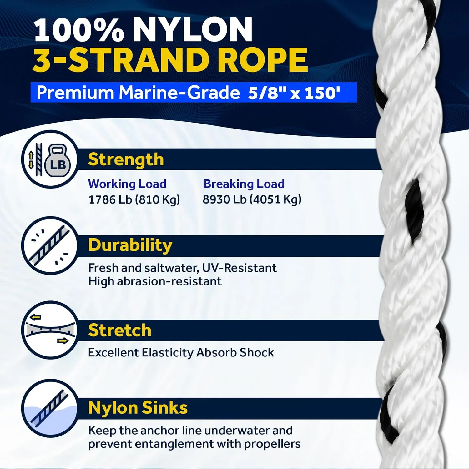 Five Oceans Anchor Line 5/8" x 150', Anchor Rope Line, Marine Premium 3-Strand White Nylon Boat Anchor Rope - Stainless Steel Thimble and Shackle, Ideal for Mooring Anchoring Towing - FO4488-C150