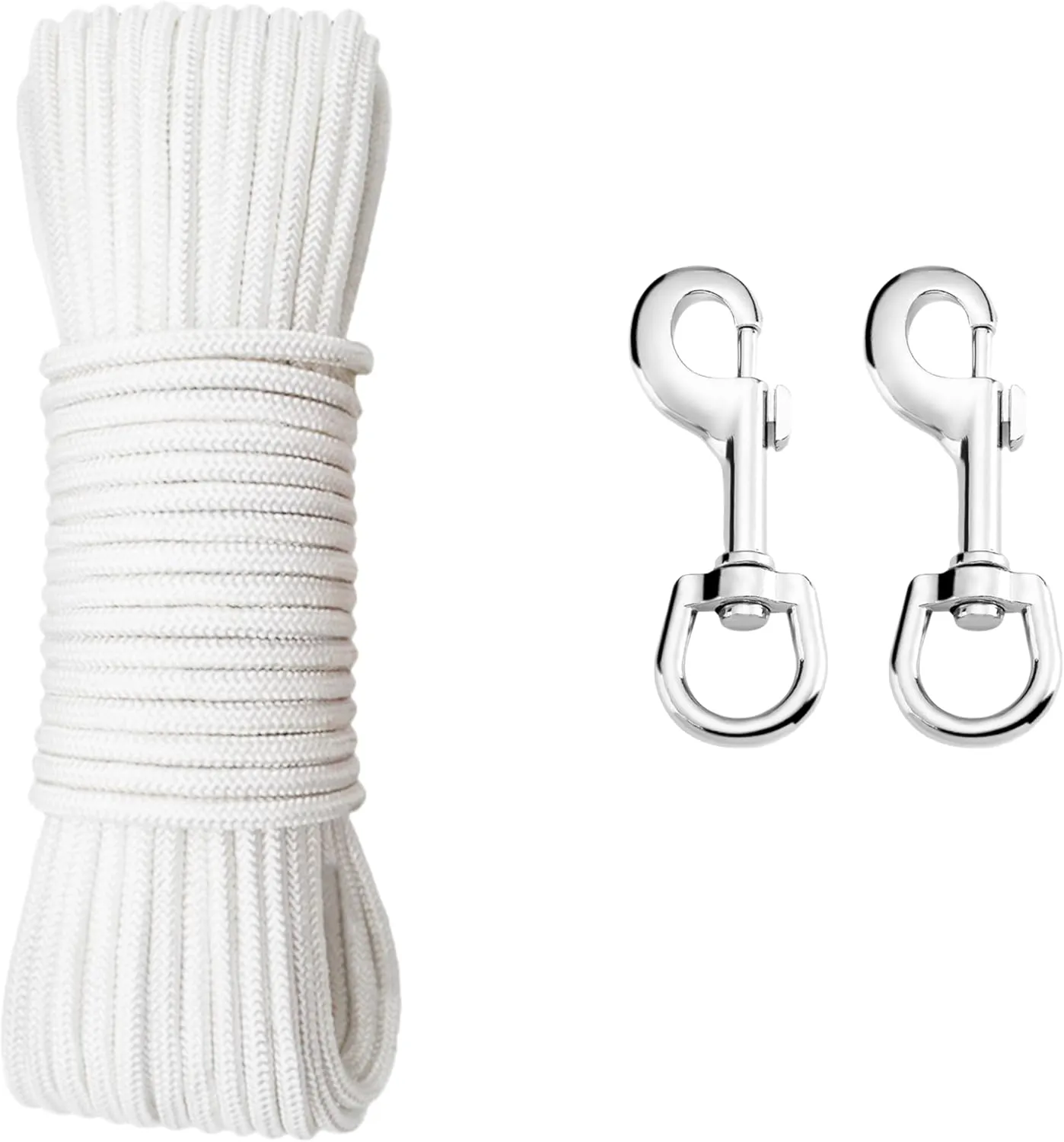 Flag Pole Rope Kit 100ft White Double Braided Nylon Flagpole Line Rope with 2 PCS Swivel Snap Hooks for Flagpoles Up to 50ft, Outdoor Camping Tent Hardware Accessories