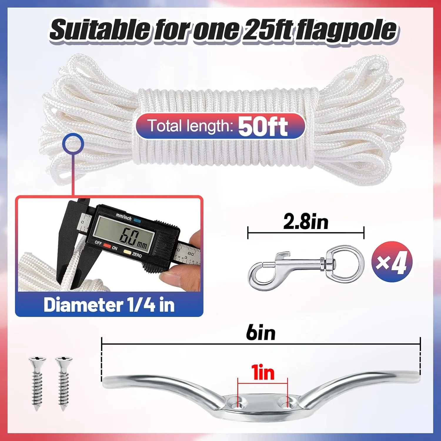 Flag Rope and Clips Kit - 50ft Flag Pole Rope Halyard with Cleat Hook & 4 Pcs Swivel Snap Clips for Flagpoles Up to 25ft, Outdoor Porch Flagpoles Repair Replacement Parts Accessories