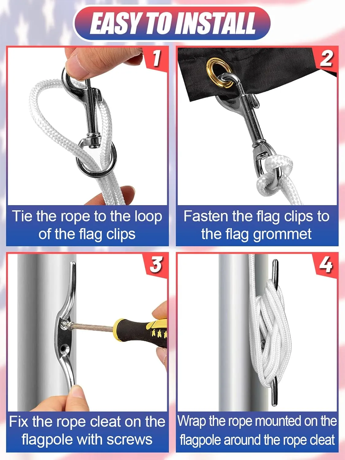 Flag Rope and Clips Kit - 50ft Flag Pole Rope Halyard with Cleat Hook & 4 Pcs Swivel Snap Clips for Flagpoles Up to 25ft, Outdoor Porch Flagpoles Repair Replacement Parts Accessories