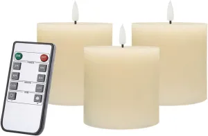 Flameless Candles Set of 3 (3x3 inch) Flickering LED Real Wax Candles Battery Operated with Remote Control Timers for Fireplace Bedroom Livingroom Party Dimmable Ivory Pillars Flat top