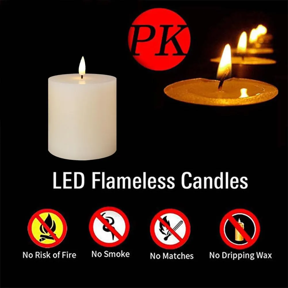 Flameless Candles Set of 3 (3x3 inch) Flickering LED Real Wax Candles Battery Operated with Remote Control Timers for Fireplace Bedroom Livingroom Party Dimmable Ivory Pillars Flat top